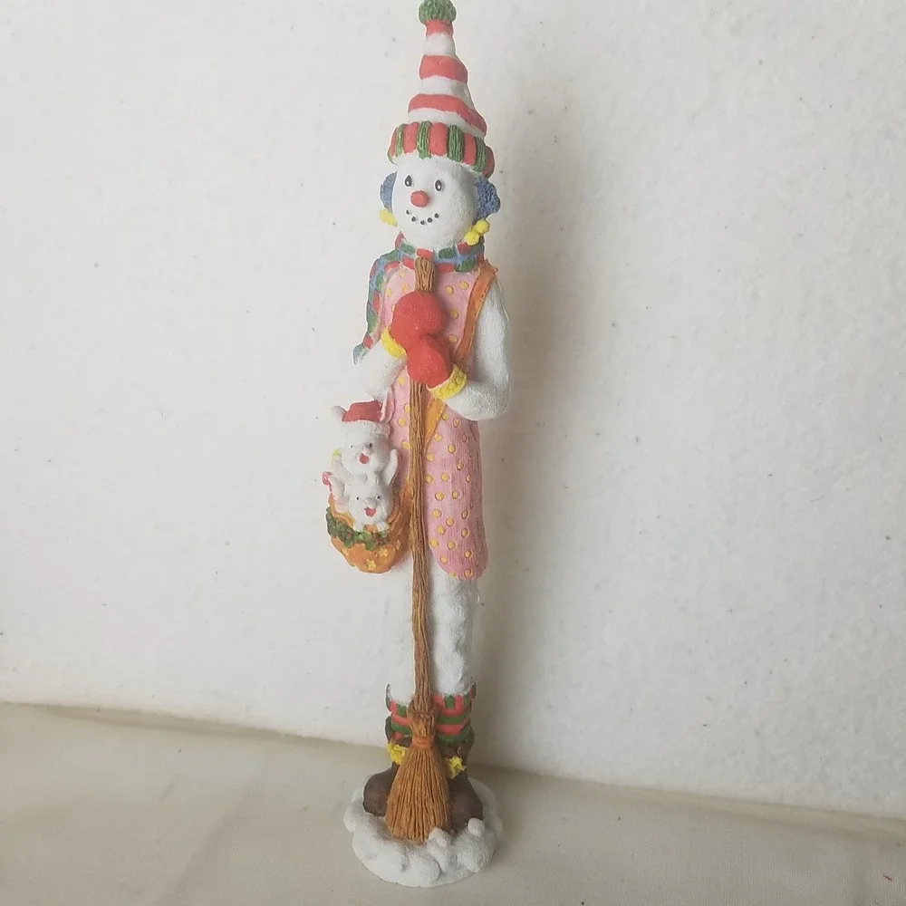 Whimsical Snowman Christmas Figurine ZCMI Wong Broom Basket tall bunnies